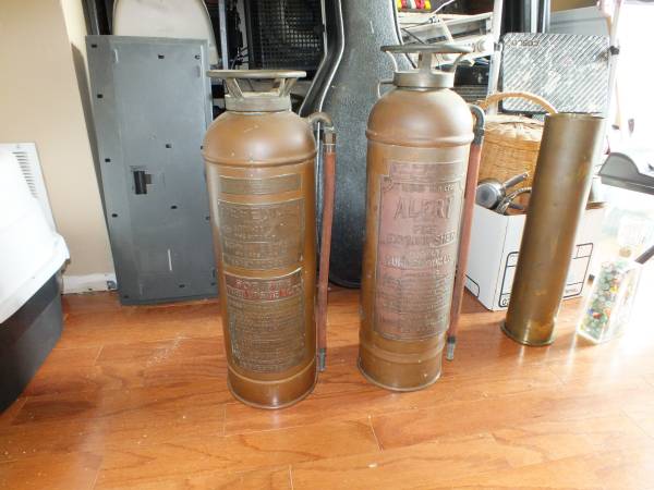 2 Antique Brass Fire Extinguishers, Defender and Alert