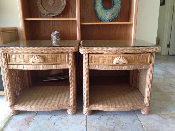 2  Rattan End Tables with glass tops