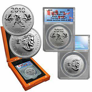 2010 MS70 ANACS Canada Maple Leaf Olympics 5 Silver Coin