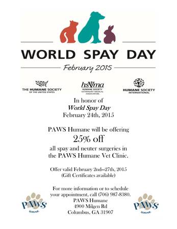 25 off SpayNeuter Surgeries in month of February (PAWS Humane Vet Clinic)