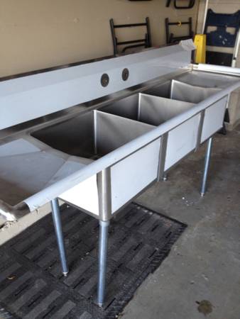 3 comp sink with drain boards on both sides stainless steel NSF certified