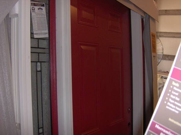 36 Roma Red door with 2 side lights craftsman  fancy glass