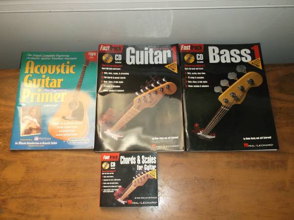 Acoustic, electric, and bass guitar learn to play books and cds