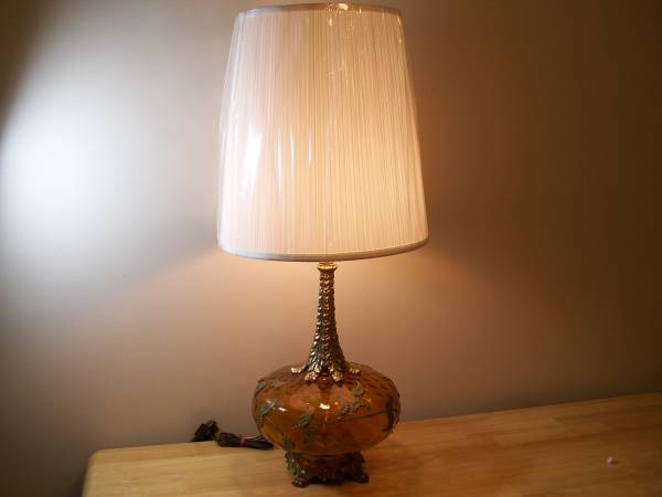 Amber Glass amp Brass  Base Lamp with New Shade