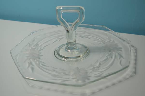 Antique, High Detail, Etched Glass Serving Platter With Handle
