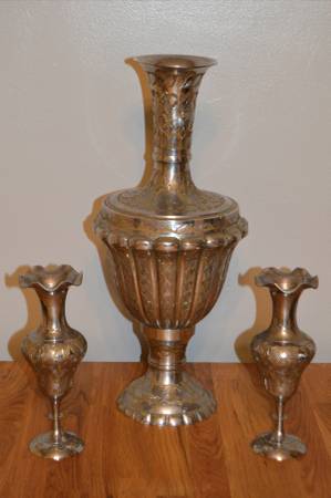 Antique Set of 3 silver and gold tone engraved vases marked India