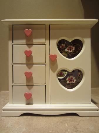 Antique WhitePink Wooden Jewelry Box with Heart Design amp Glass Insert