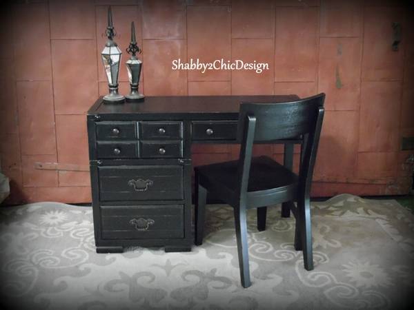 Beautiful Solid Wood Black Distressed Stanley Brand Desk with Chair