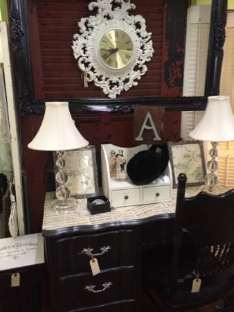Black French provincial desk silver handles and sheet music top