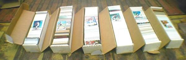 Boxes of sports trading cards.