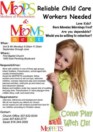 Childcare helper part time Mondays (first Baptist MOPS)