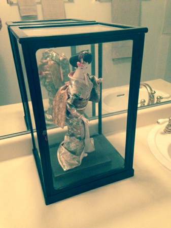 CHINA DOLL IN GLASS DISPLAY CASE
