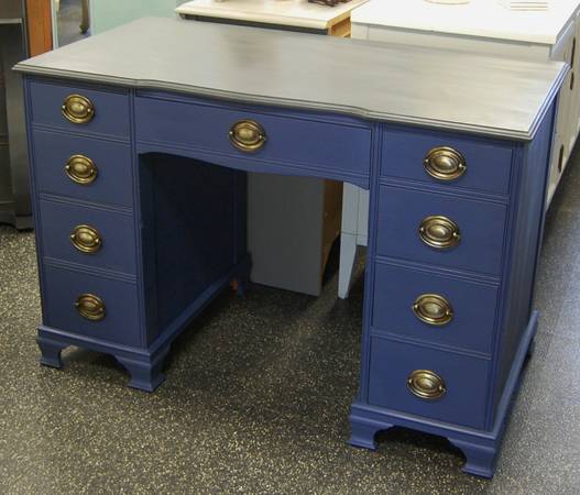 Classic Midnight Blue Vintage Office Desk with Eight Drawers
