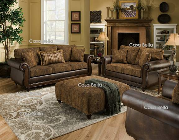Classy Two Tone with Wood Trim Design Sofa and Loveseat