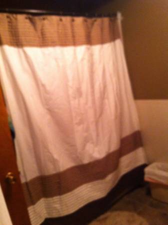 Curved shower curtain rod, curtain amp hooks