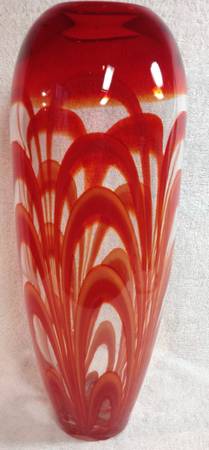 Decorative Glass Flower Vase BEAUTIFUL Red and Clear 14in Tall