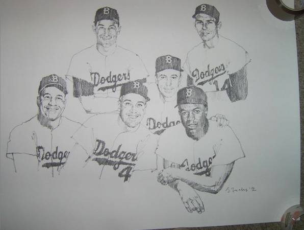Dodgers Lithograph Pencil Drawing of several players by B. Fuchs 1992