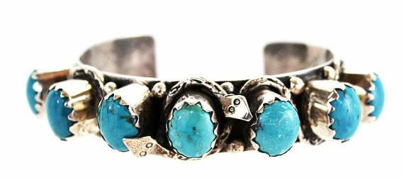 Dramatic Sterling Snakes and Turquoise Southwestern Cuff Bracelet