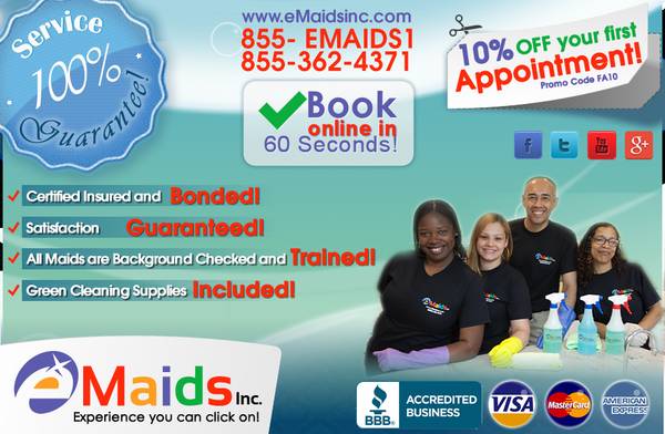 EMAIDSINC. BOOK YOUR CLEANING SERVICE WWW.EMAIDSINC.COM 1855EMAIDS1 (WE ARE TRAINED  INSURED BONDED)