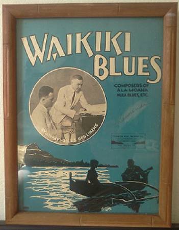 Framed Original Antique Poster Waikiki Blues By Composers Of Ala Moana (Waimea)