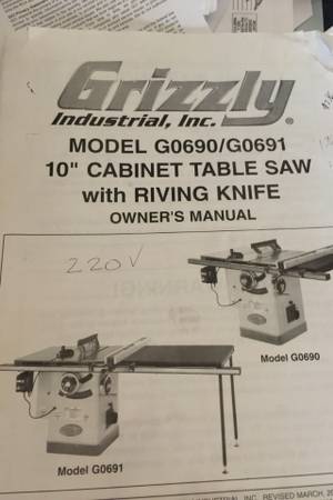 Grizzly 220v 10 cabinet table saw with riving knife