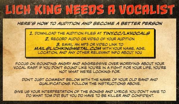 Internationally touring Thrash Metal band LICH KING seeking vocalist (western MA)