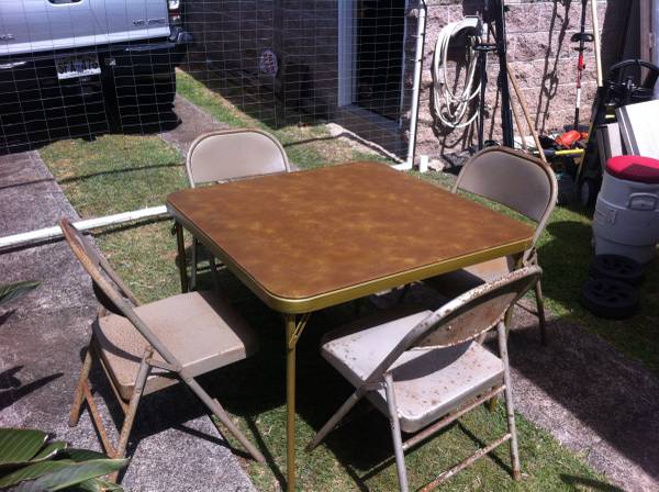 Large card table with 4 metal chairs