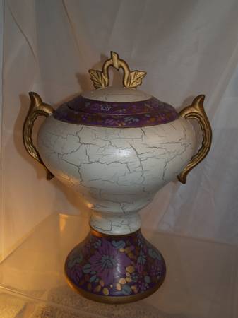 Large Painted Very Decorative Purple Gold White Pot Urn Vase