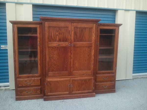 large real wood wall unit with glass curios tv entertainment rustic