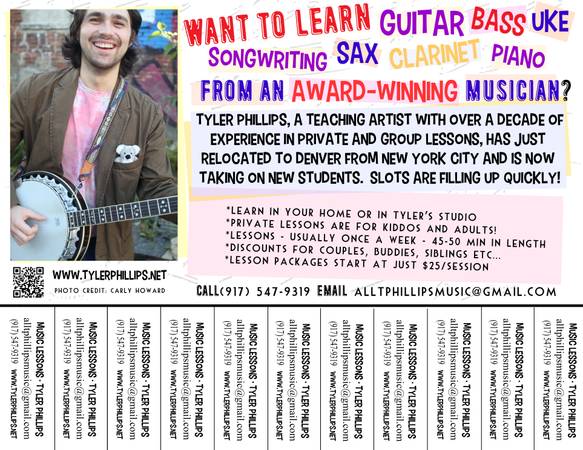 Learn guitar, uke, bass, clarinet now affordable rates (Denver)