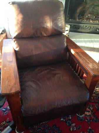 Leather Recliner Morse Style with wood arms and sides