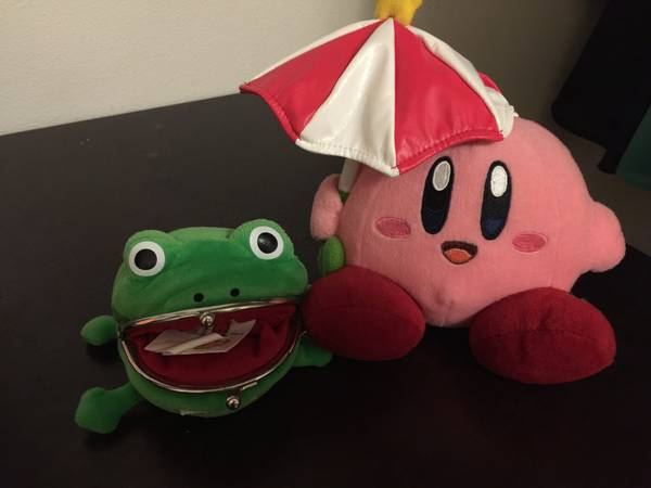 Naruto frog wallet, and Kirby doll