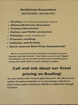 NorthCoast Renovations. Roofing Kitchen remodels (ALL)
