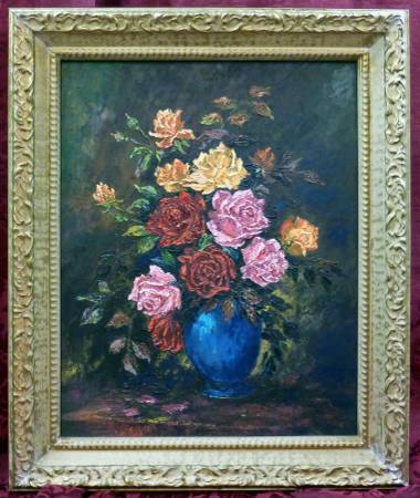 Oil painting of a bouquet of roses in a blue vase