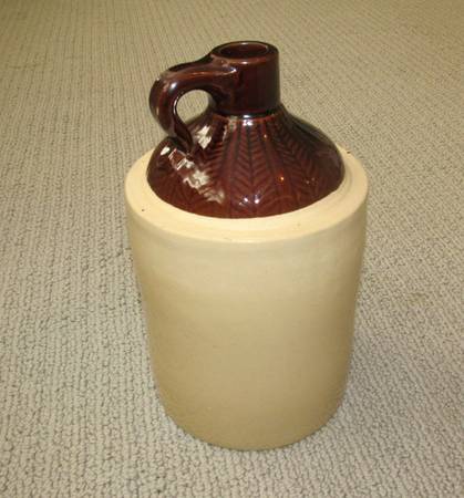 Old Stoneware 2 Quart Jug for Whiskey or Cider, Brown Glazed Top