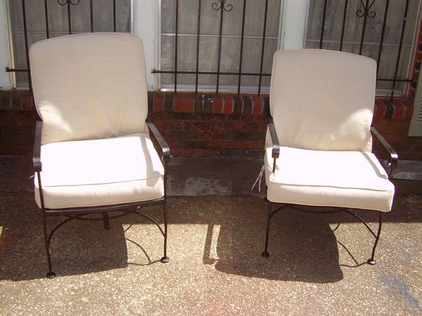 (ON RESERVE ) METAL PATIO CHAIRSWITH CUSHIONS (REDUCED ) SOLD AS IS