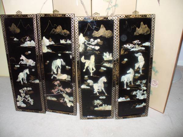 Oriental Black Lacquer Wood Wall Panels, Horse Scene