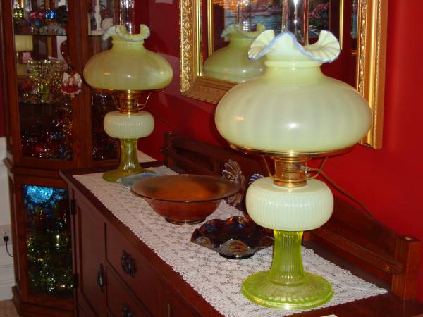 Pair of Rare Grand Vertique Vaseline Glass Aladdin Oil Lamps