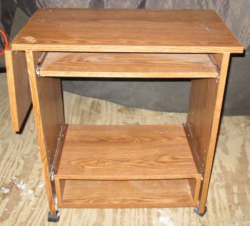 rolling oak finish desk or kitchen entertainment caddy w drop leaf