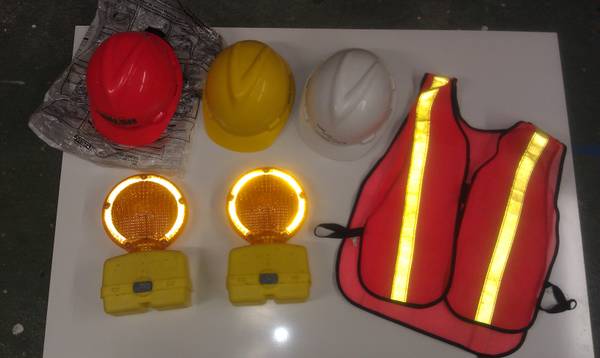 Safety Equipment Lot (Reflective Vest, Hardhats, Caution Lights)