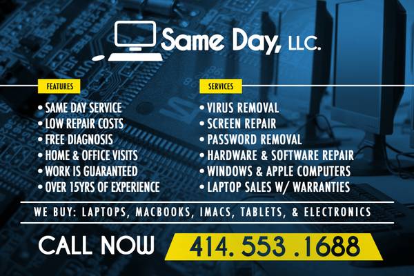 SAME DAY LOW COST PROFESSIONAL COMPUTER REPAIR (FREE DIAGNOSIS) (Milwaukee)