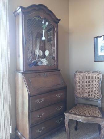 Secretary desk and woven cane chair