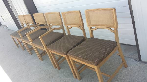 Set of 6 Mid Century Bleached Mahogany and Cane Dining Chairs