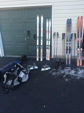 Skis, ski poles, ski boots, ski bag, sports bag, Ice skates