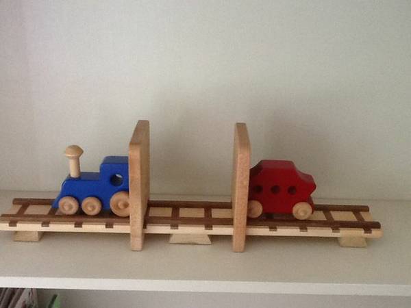 Solid wood train on tracks bookends