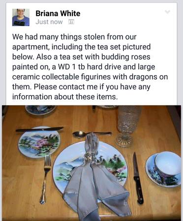 Stolen tea sets, hard drive, dragon collectables (Gulfport)
