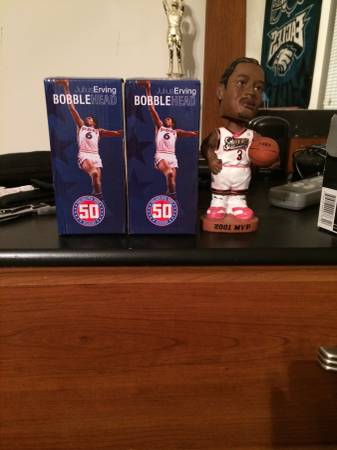 Two DR. Js and one Allen IVERSON bobble head dolls. Brand new. (19116)