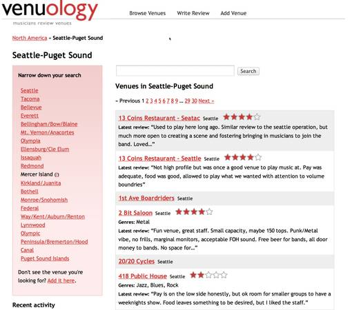 Venuology, the Yelp for Musicians (SeattleTacomaOlympiaBellinghamPuget Sound)