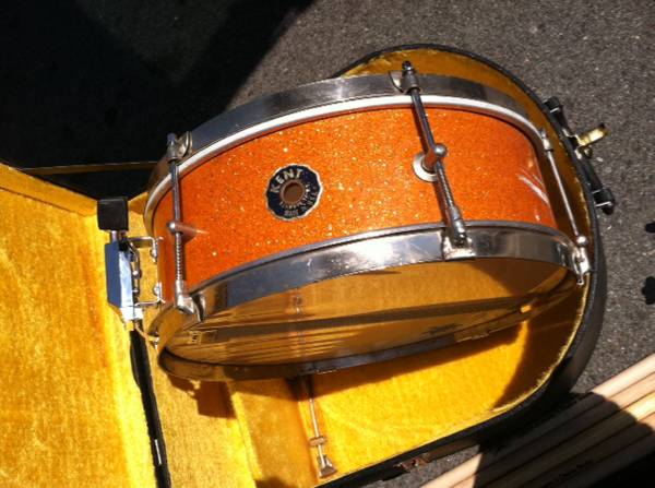 vintage 1950s orange bowling ball finish snare with case, stand, sticks, etc