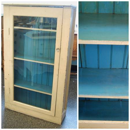 Vintage Wooden Paneled Farm Hutch with Glass Door